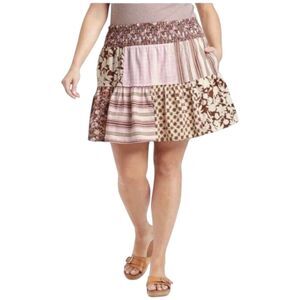 Universal Thread Mixed Media Mini Skirt Plus Sz 1X Pink Brown Tiered High Rise